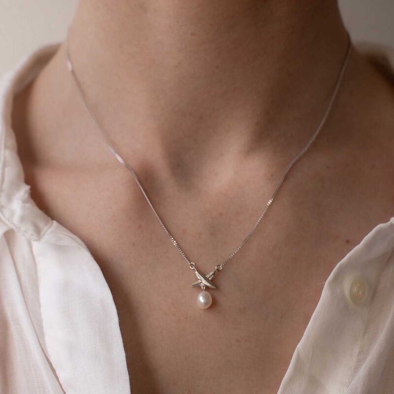 Boh Runga Feather Kiss Pearl Pendant Silver Chain 45cm image number 1