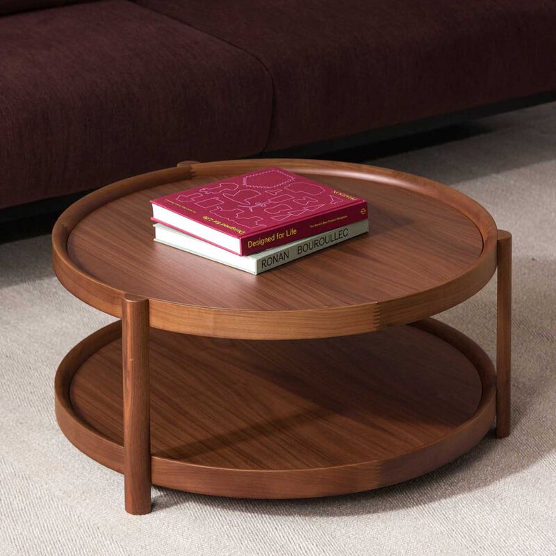 Citt&agrave; Column Coffee Table Walnut Plywood 80cmdia x 38cmh image number 1