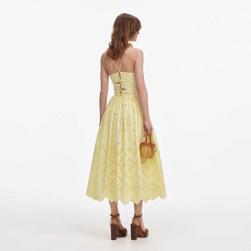 Self Portrait Yellow Cotton Broderie Midi Dress image number 1