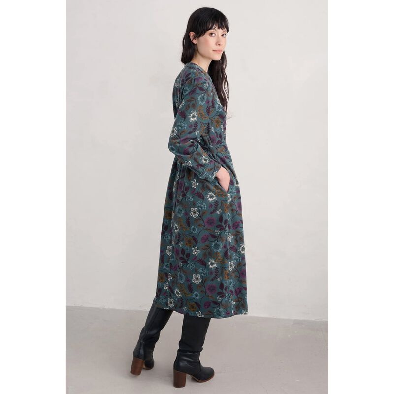 Seasalt Cornwall Rose Cottage Dress Woodblock Bloom Dusky Jade image number 1