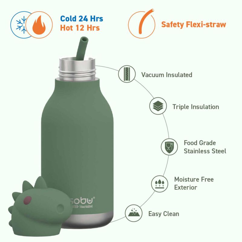Asobu Bestie Bottle Dinosaur Double Wall Insulated Bottle 460ml Green image number 2