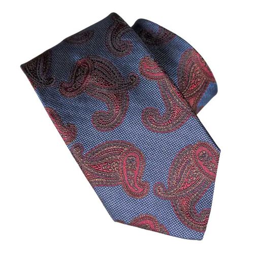 Monti Castello 100% Silk Tie - Ruby Red Paisley Motif On Blue