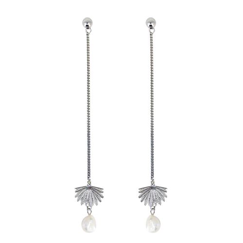 Boh Runga Fantail Pearl Drop Earrings Silver 65mm