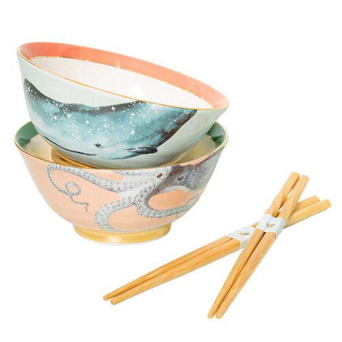 Yvonne Ellen Rice Bowls With Chopsticks (Set of 2)