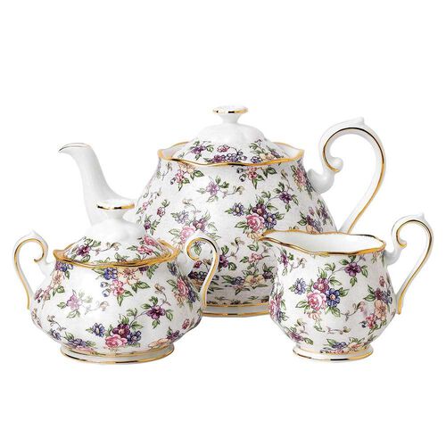 Royal Albert 100 Years Teaware 1940 Teapot, Sugar, Creamer Set
