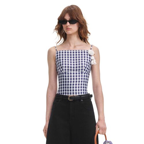 Self Portrait Navy Gingham Taffeta Top