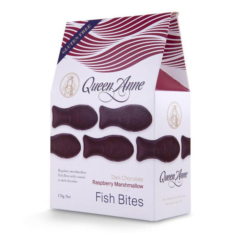Queen Anne Dark Chocolate Raspberry Marshmallow Fish Bites 170g image number 0