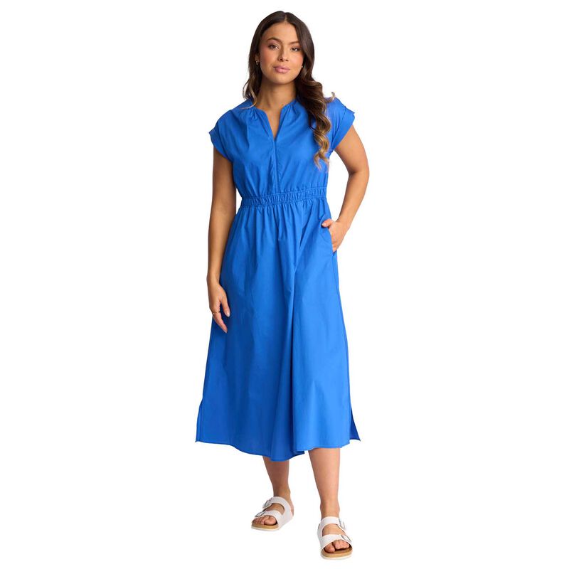 Vassalli V Neck Shirred Waist Dress With Contrast Trim And Pockets image number 0