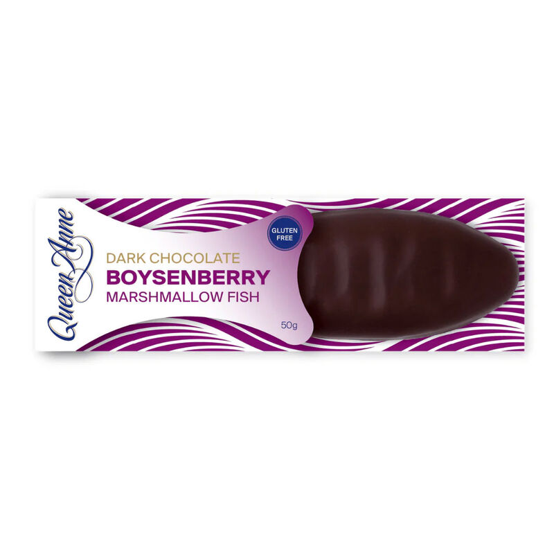 Queen Anne Dark Chocolate Boysenberry Marshmallow Fish 50g image number 0