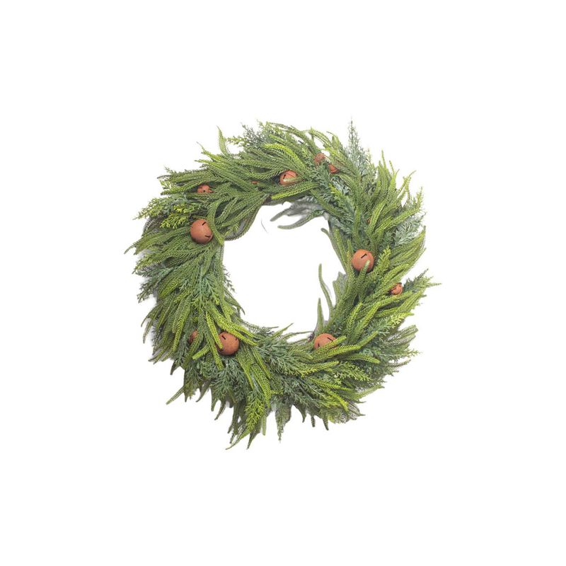 French Country Mixed Pine Wreath Brown Velvet Bows and Bells image number 0