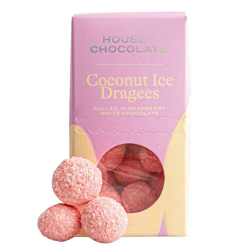 House of Chocolate Coconut Ice Dragees in Raspberry White Chocolate 90g image number 0