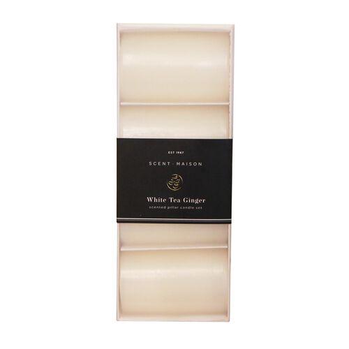 French Country Maison SET 4 Pillar Candle White Tea Ginger 2x3"