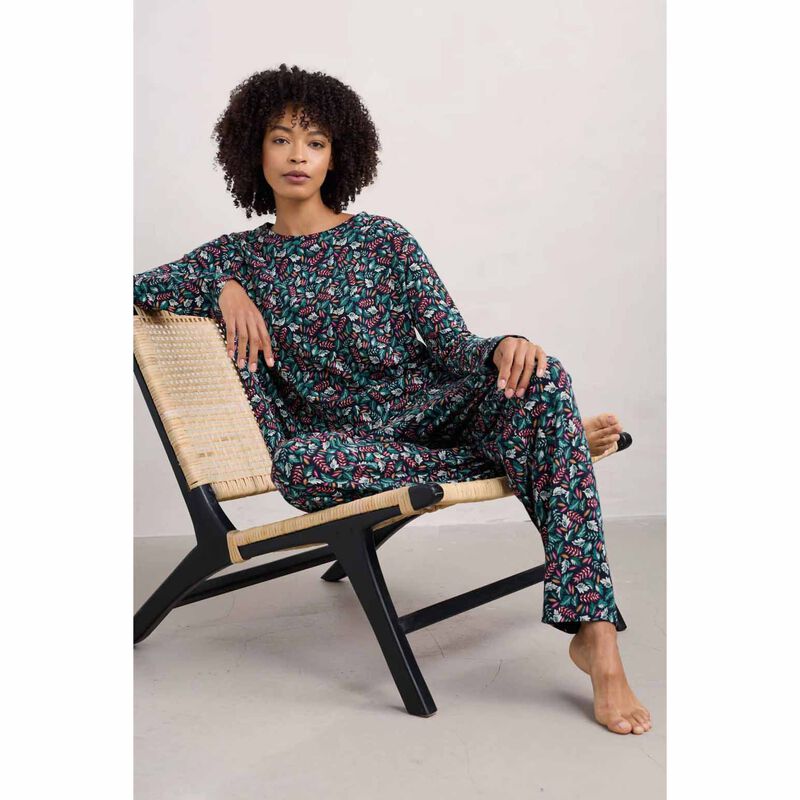 Seasalt Cornwall Setting Sun Pyjamas Sunlit Leaves Dark Jade image number 3