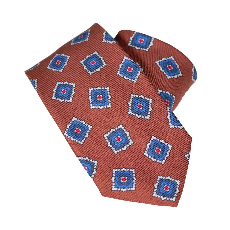 Monti Castello Wool Silk Blend Tie - Cinammon Navy Geo image number 0