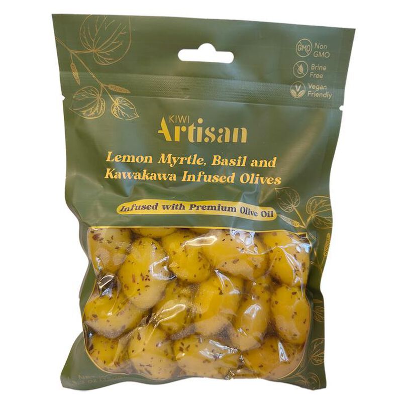 Kiwi Artisan Lemon Myrtle & Kawakawa Infused Olives 150g image number 0