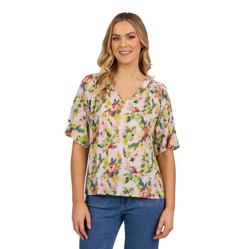 Vassalli Short Sleeve V Neck Top With Shirred Shoulders image number 0