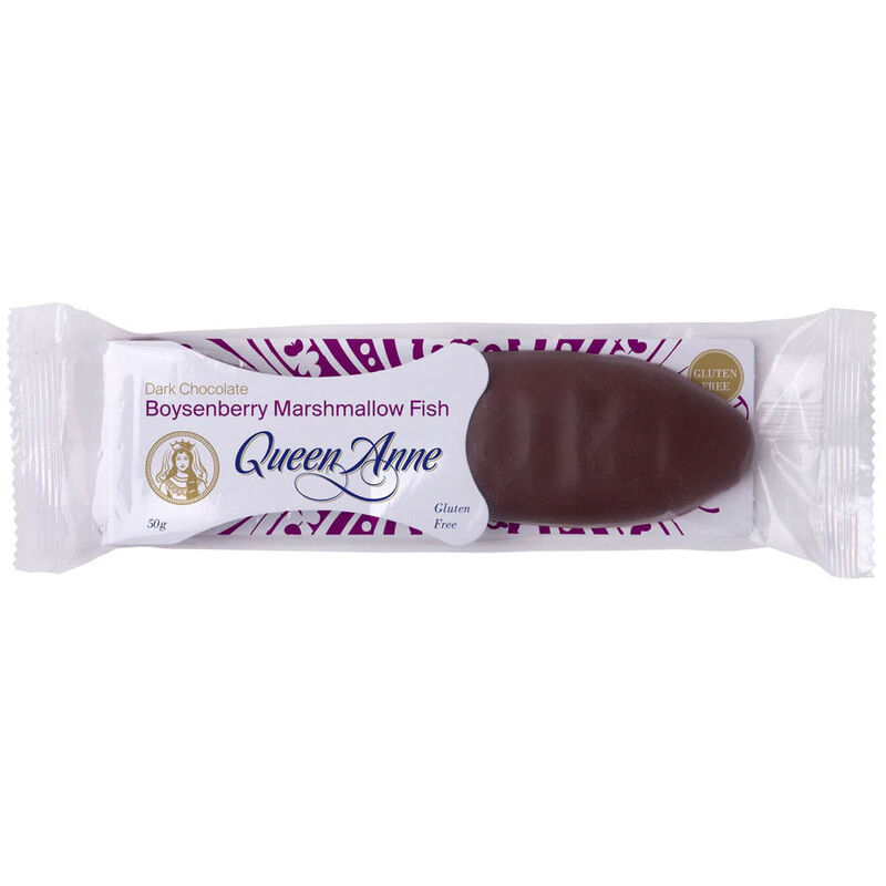 Queen Anne Marshmallow Fish Dark Chocolate Boysenberry 50g image number 0
