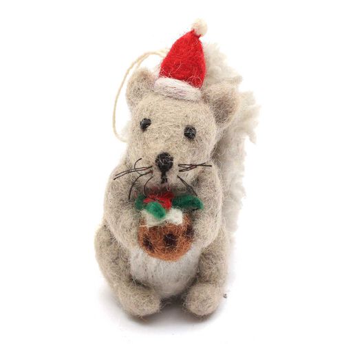 Amica Felt Grey Squirrel With Christmas Pudding 8cm