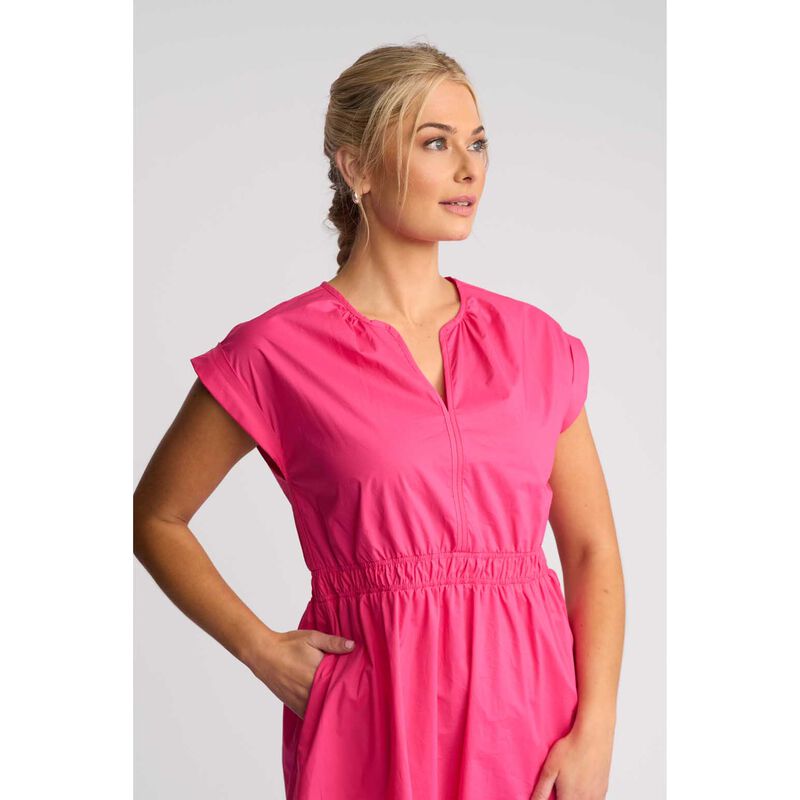 Vassalli V Neck Shirred Waist Dress With Contrast Trim And Pockets image number 2