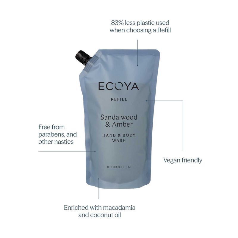 ECOYA Hand & Body Wash Refill Sandalwood & Amber 1L image number 2