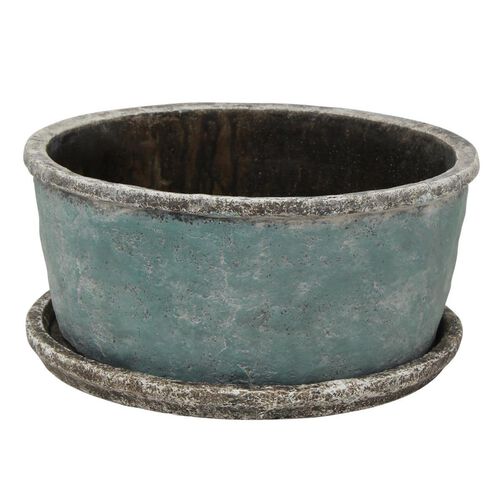 French Country Sea Blue Wide Plant Pot & Saucer Large