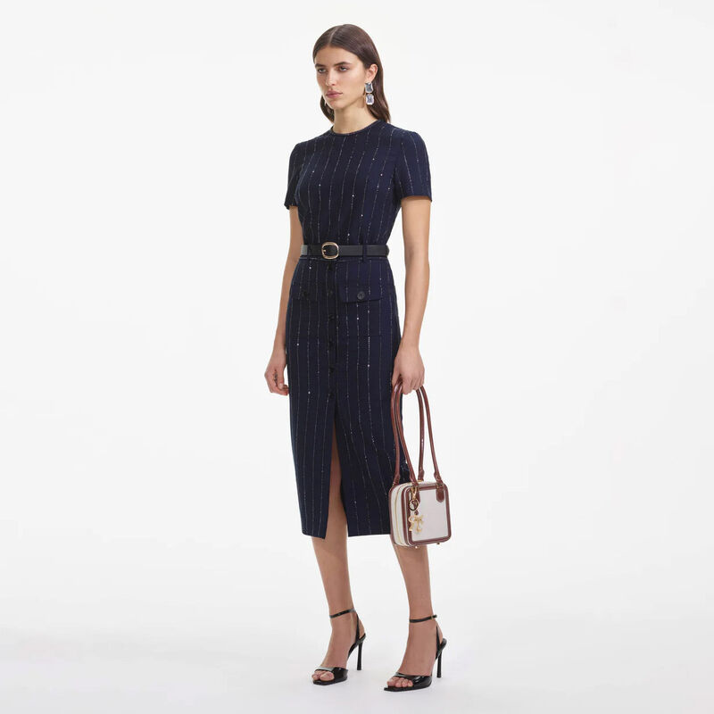 Self Portrait Navy Rhinestone Pinstripe Midi Skirt image number 2
