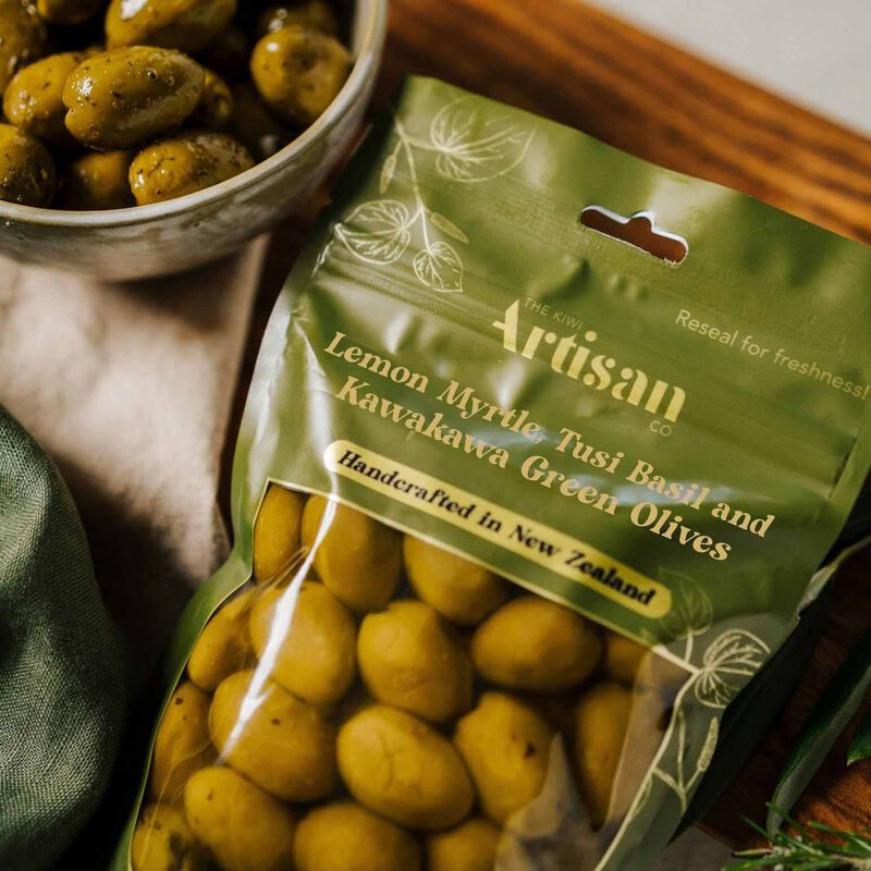 Kiwi Artisan Lemon Myrtle & Kawakawa Infused Olives 150g image number 1