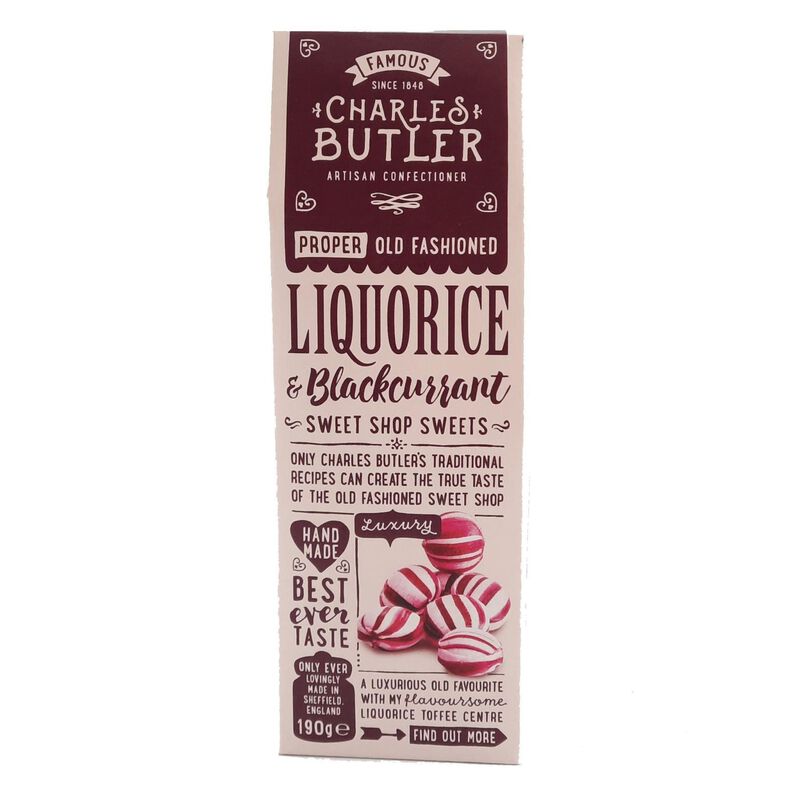 Charles Butler Liquorice & Blackcurrant Sweets 190g image number 0