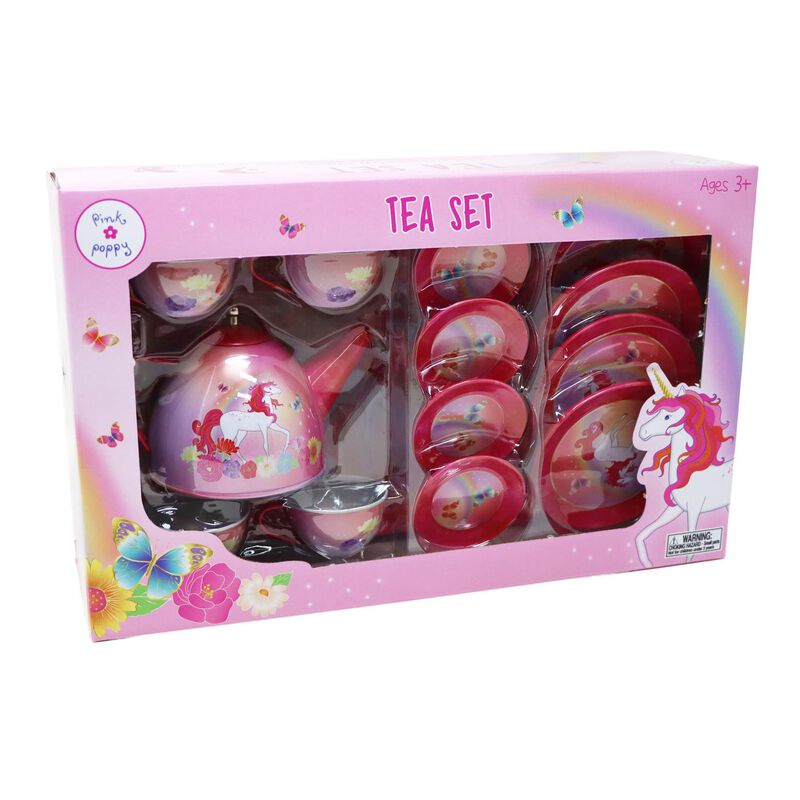 Pink Poppy Unicorn Butterfly 14 Piece Kids Play Tin Tea Set image number 1