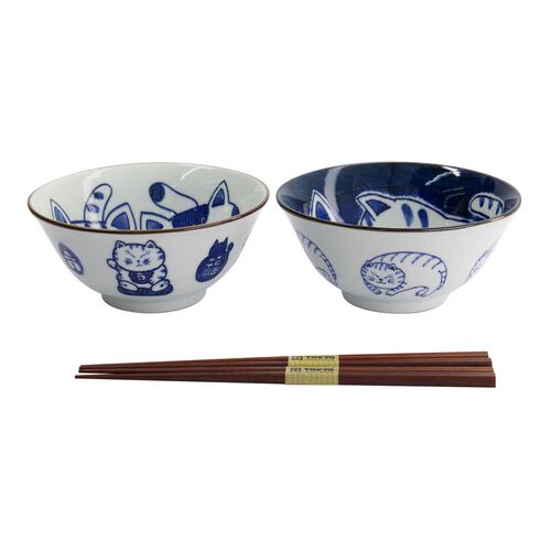 Tokyo Design Studio Kawaii Cat Neko Bowl 2pc With Chopsticks Gift Boxed