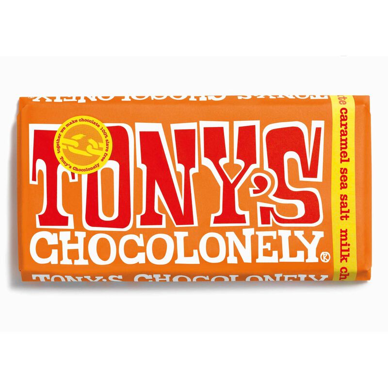 Tony's Chocolonely Milk Chocolate Caramel Sea Salt 32% 180g Bar image number 0