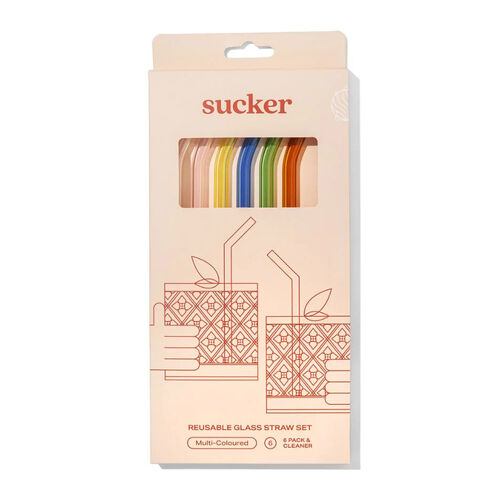 Sucker Reusable Glass Drinking Straws 6 Pack - Multi Colour