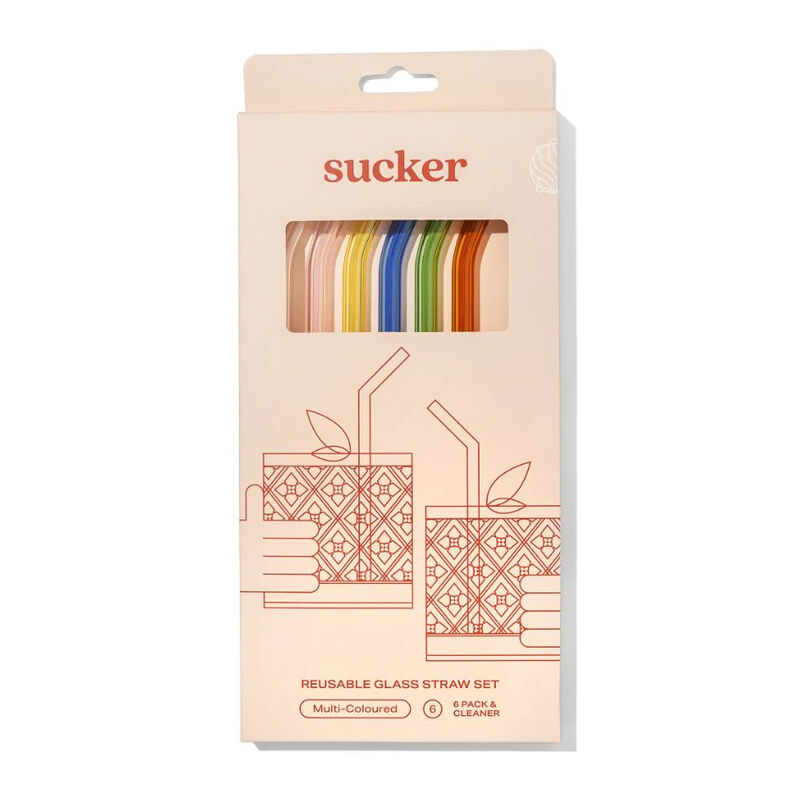 Sucker Reusable Glass Drinking Straws 6 Pack - Multi Colour image number 0
