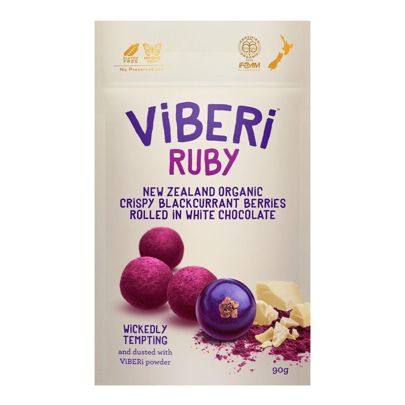 Viberi Ruby White Chocolate Rolled Crispy Blackcurrants 90g image number 0