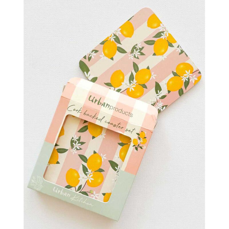 Urban Products Lemon Delicious Cork & MDF Coasters Pink 10cm Set Of 4 image number 2