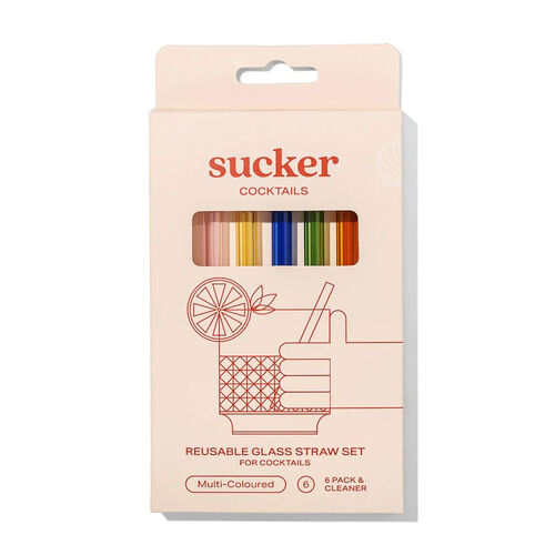Sucker Cocktail Glass Drinking Straws 6 Pack - Multi Colour