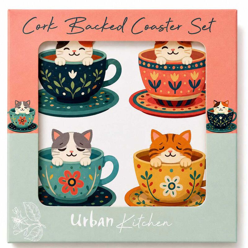 Urban Products Cat Teacup Tails Cork & MDF Coasters Blue 10cm Set Of 4 image number 2