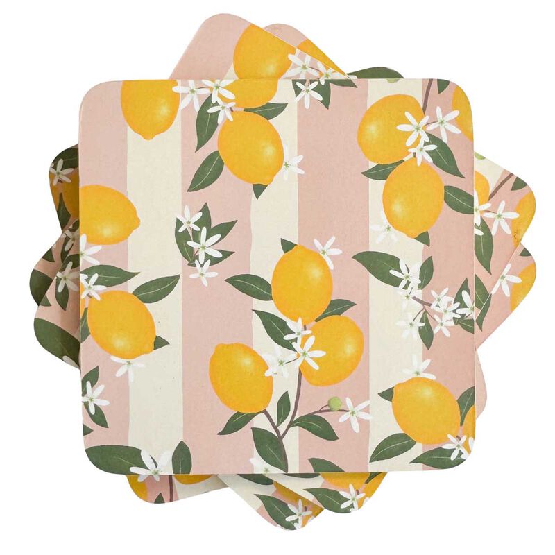 Urban Products Lemon Delicious Cork & MDF Coasters Pink 10cm Set Of 4 image number 1