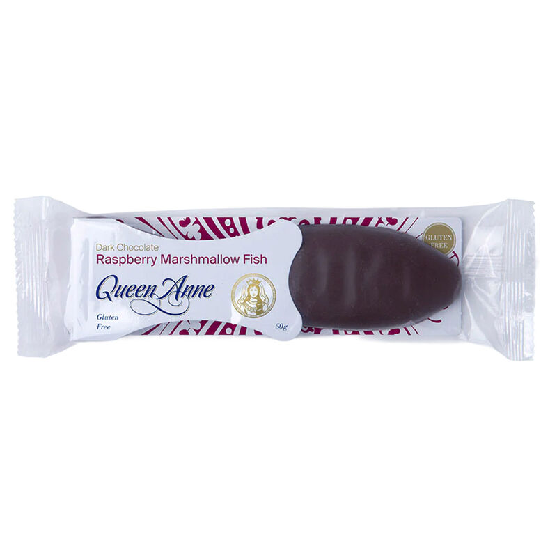 Queen Anne Marshmallow Fish Dark Chocolate Raspberry 50g image number 0