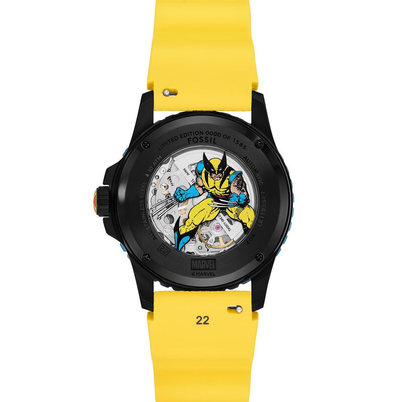 Marvel x Fossil Wolverine Limited Edition Automatic Yellow Silicone Watch image number 1
