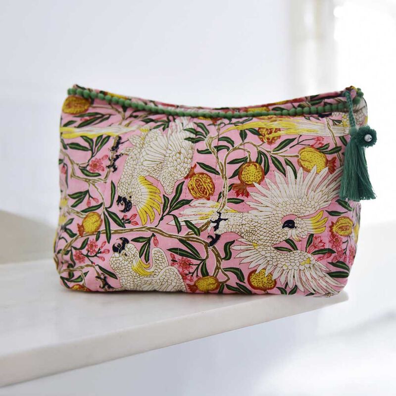 Powell Craft Lined Wash Bag Pink Tropical Bird & Pomegranate 40x27cm image number 1