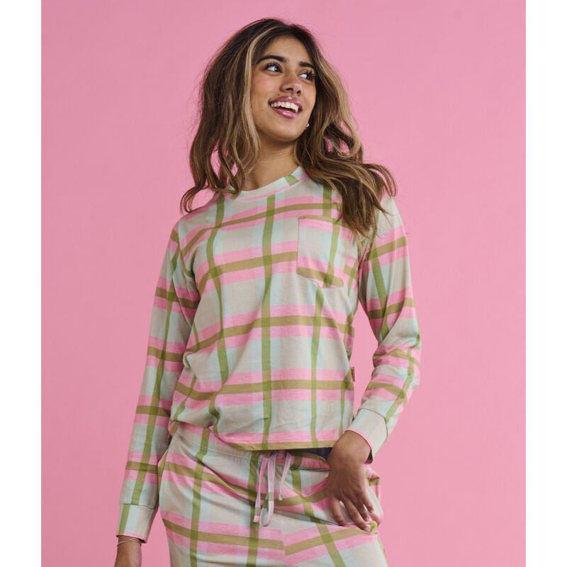 Kip&Co Pistachio Tartan Organic Cotton LS Pyjama Top & Slouch Pant Set image number 2