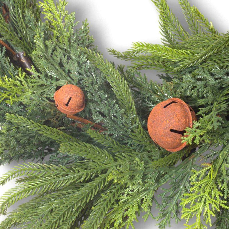 French Country Mixed Pine Garland Brown Velvet Bows and Bells image number 1