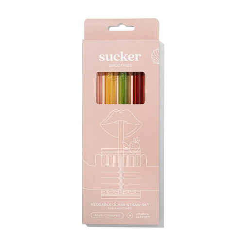 Sucker Reusable Glass Smoothie Straws 4 Pack - Multi Colour