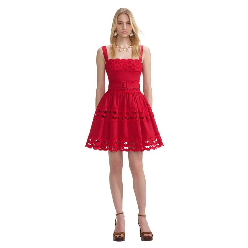 Self Portrait Red Linen Lace Insert Mini Dress image number 0