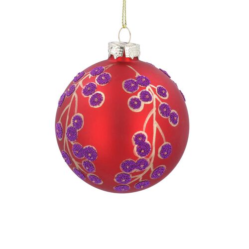 Gisela Graham Matt Red Glass Ball W Purple Beaded Berries