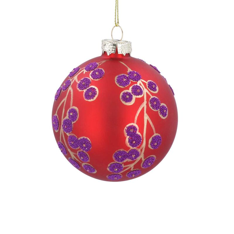 Gisela Graham Matt Red Glass Ball W Purple Beaded Berries image number 0