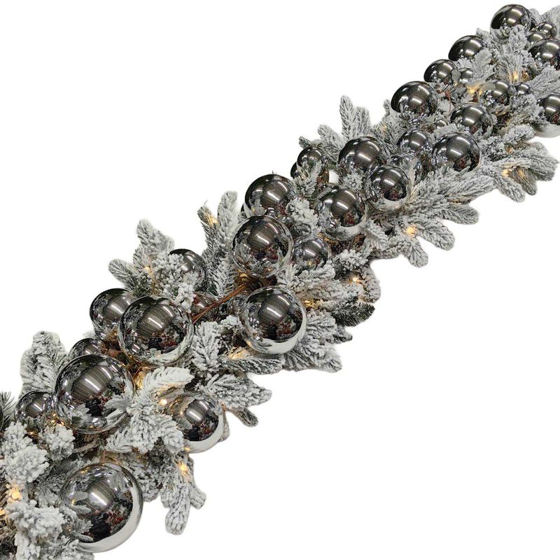 Snowy Mixed Pine Garland With Silver Baubles 200cm - 100 LED Warm Lights image number 0