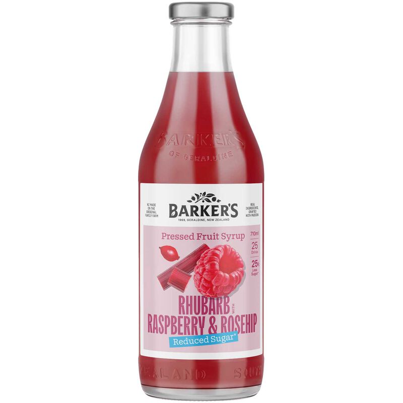 Barker's Rhubarb, Raspberry & Rosehip Reduced Sugar Fruit Syrup 710ml image number 0