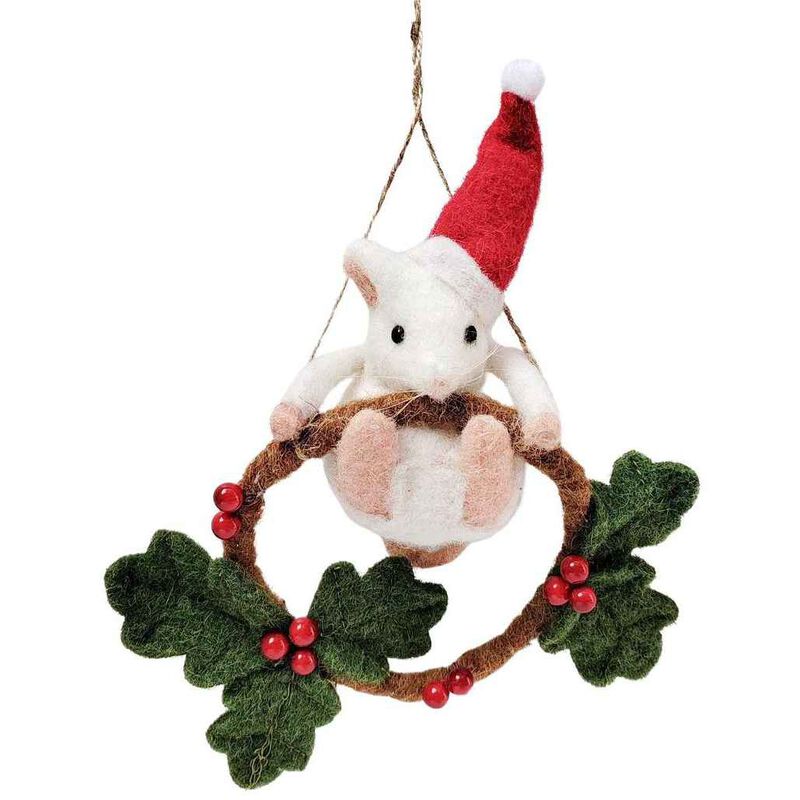 Snowy Xmas Mouse Swinging On Wreath Hanging Decoration White & Brown 21cm image number 0